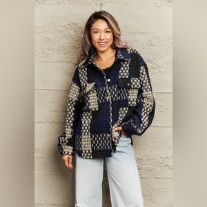 Plaid Collared Neck Drop Shoulder Jacket